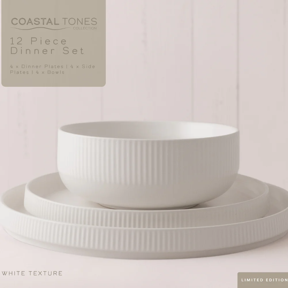 Coastal Tones Collection 12pc Dinner Set - WHITE TEXTURE - Image 2