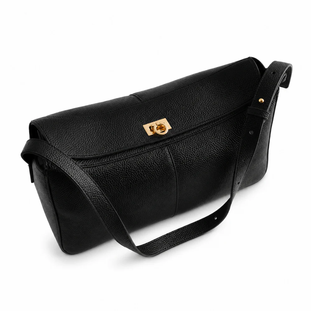 K&Co. Genuine Leather Clasp Shoulder Bag - BLACK - Image 3