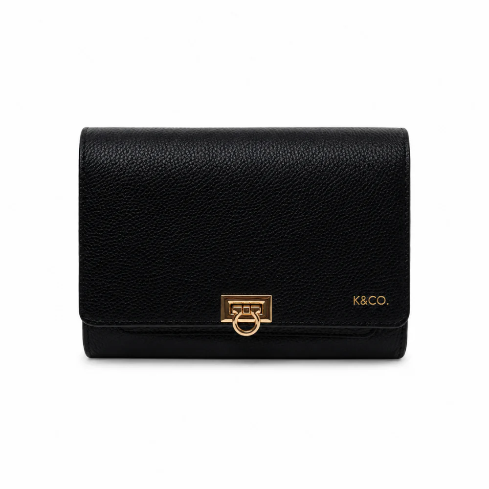K&Co. Genuine Leather Clasp Wallet Clutch - BLACK