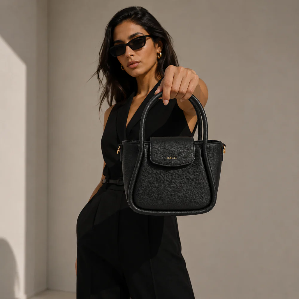 K&Co. Genuine Leather Flapover Mini Tote Bag - BLACK - Image 2
