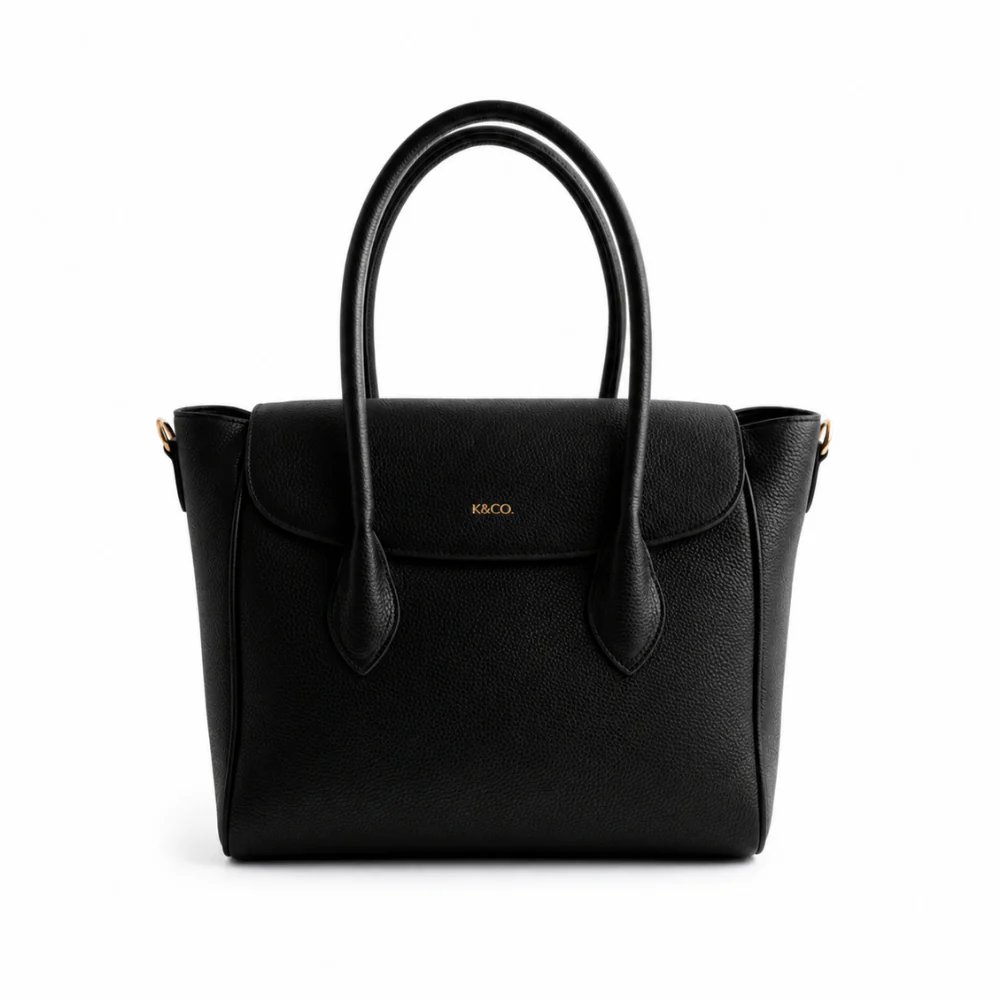 K&Co. Genuine Leather Flapover Satchel Bag - BLACK