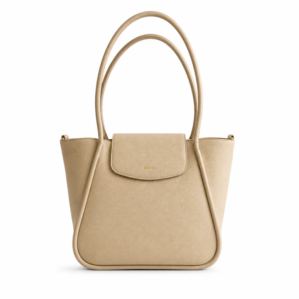 K&Co. Genuine Leather Flapover Tote Bag - BEIGE